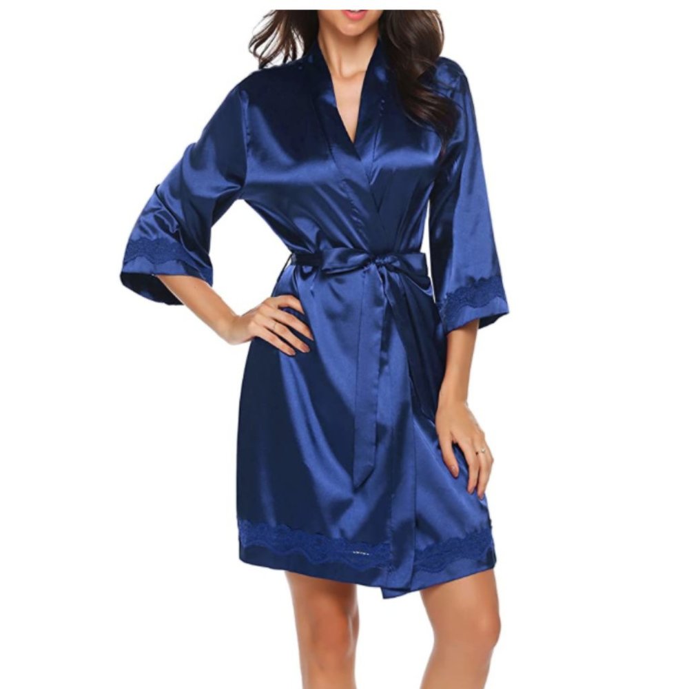 NEW! Sexy Lace Trim Silky Satin Kimono Robe